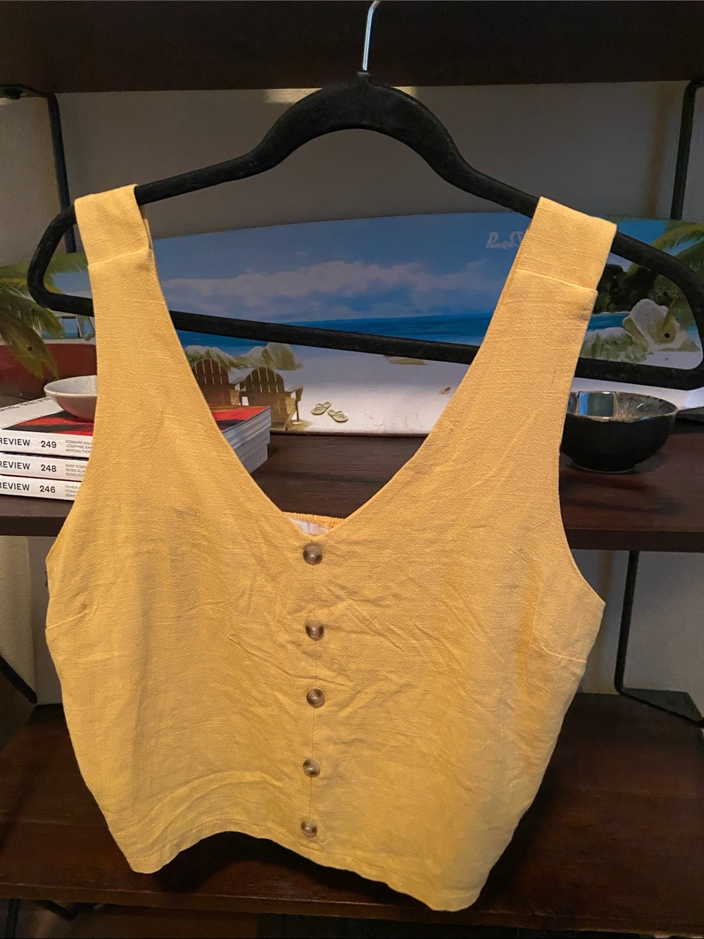Linen Rayon Button Front Crop Tank Top Sleeveless Blouse Mustard Yellow